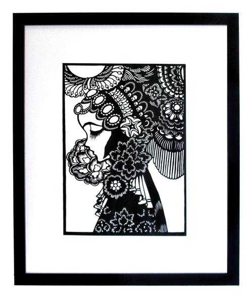 Folk Girl black framed papercut art FREE SHIPPING