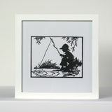 Boy Fishing black on white framed papercut art FREE SHIPPING