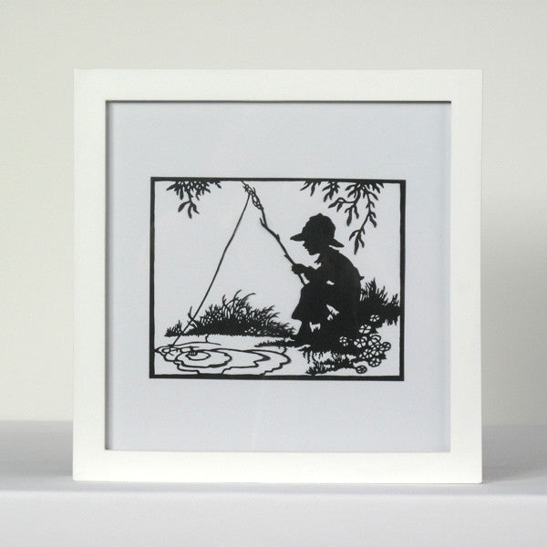 Boy Fishing black on white framed papercut art FREE SHIPPING